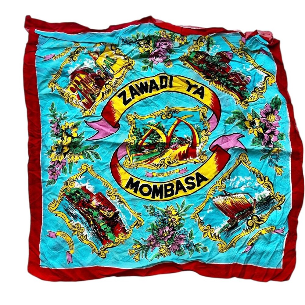 Zawadi Ya Mombasa Vintage Souvenir Scarf 28"x27" Turqoise Yellow Red Pink Green
